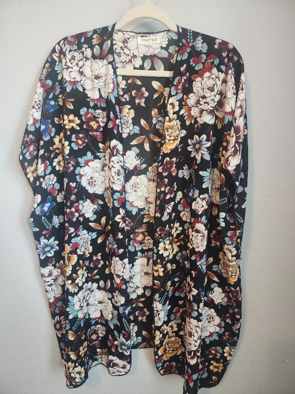 Living Doll Floral Kimono Cardigan Black Multicolor Boho Size S
